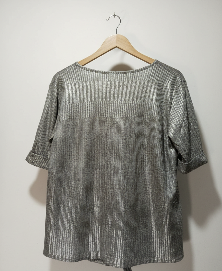 Kim & Cami Women Silver Metallic Short Sleeve Knot Tie Top W-21 / L-23