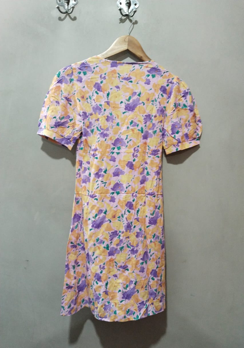 PRIMARK PINK PURPLE YELLOW FLORAL BUTTONED SHORT SLEEVE A LINE DRESS