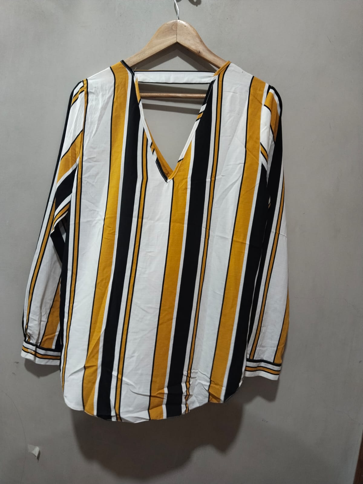 GEORGE Yellow, Black, And White Striped Wrap Blouse