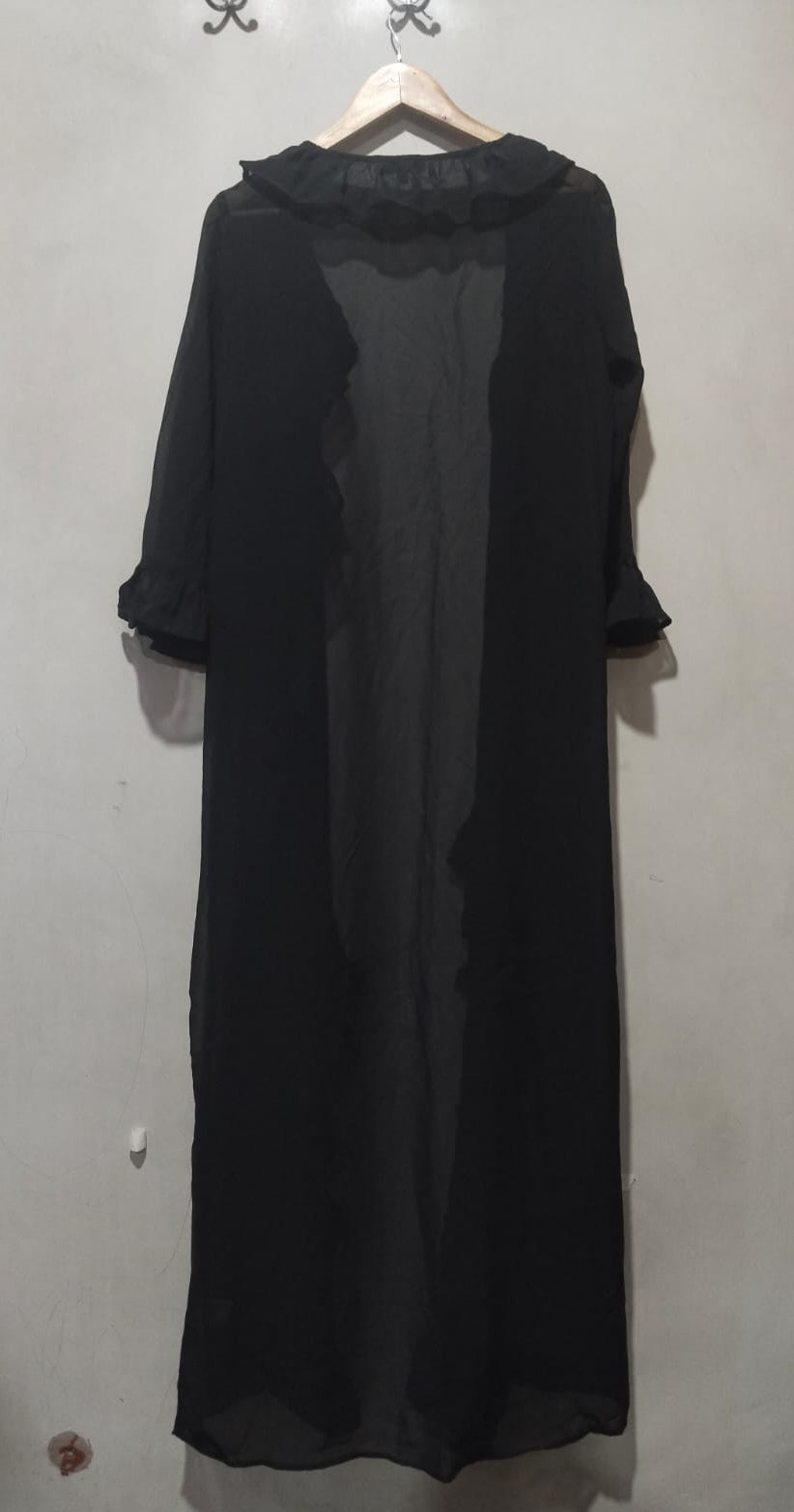 AKASA Black Ruffle Trim Sheer Maxi Kimono Duster