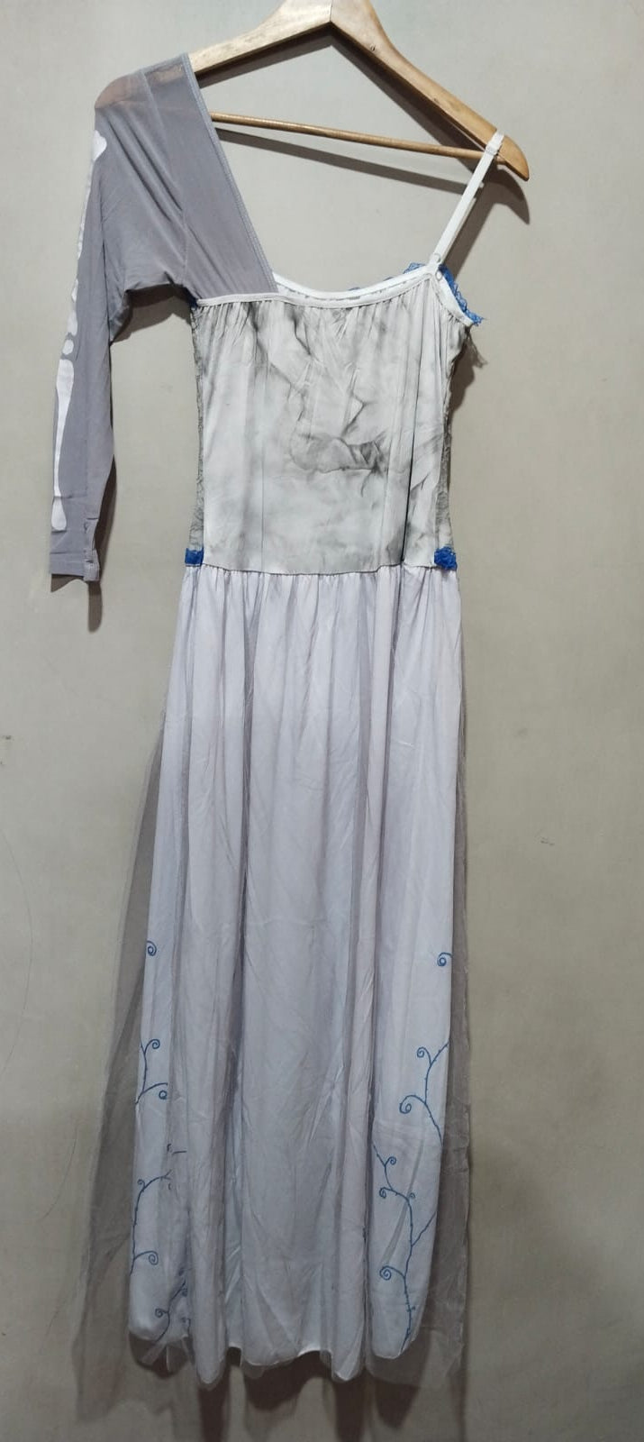 Asymmetric White & Gray Lace Maxi Dress with Blue Embroidery