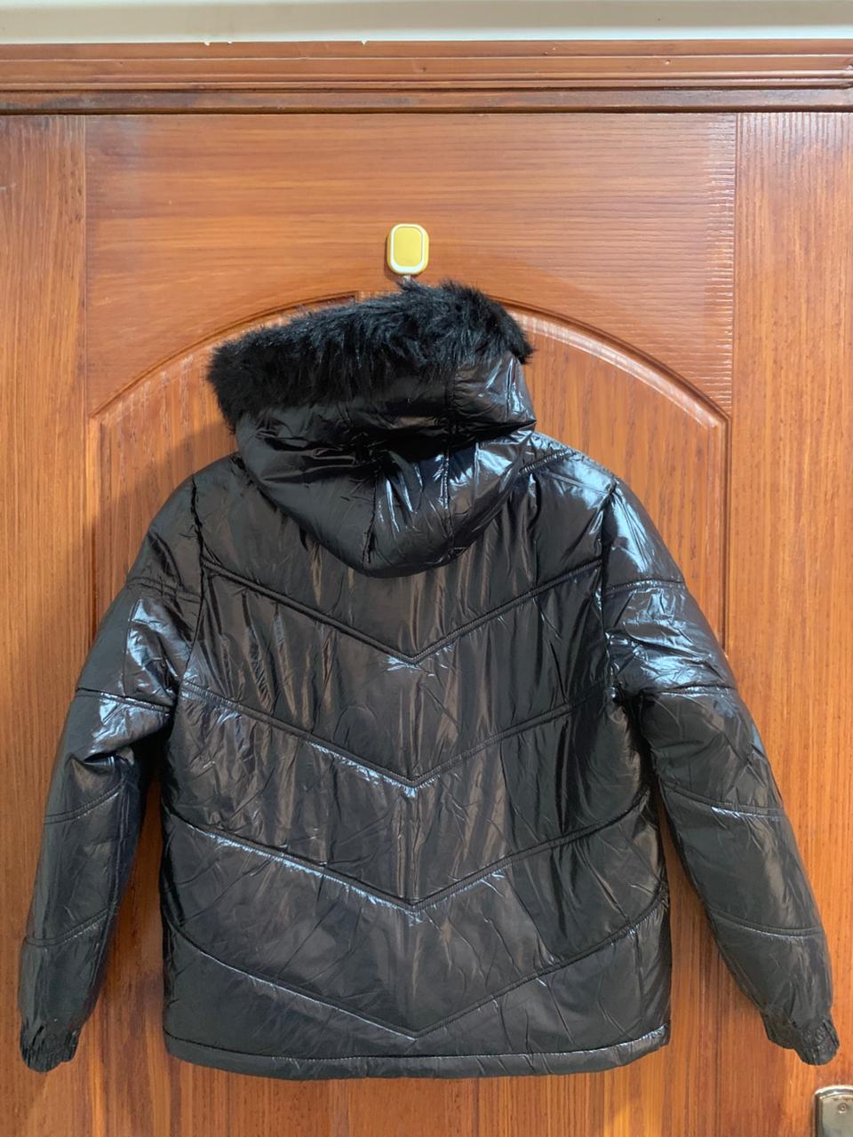 LIPSY|L|BUST 20|BLACK HIGH-SHINE PADDED COAT WITH FAUX FUR HOOD