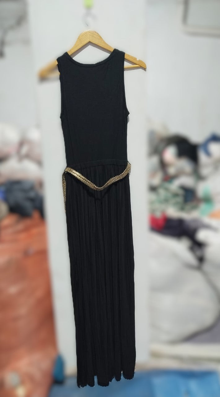 MANGO|XS|BUST 13|BLACK SLEEVELESS PLEATED MAXI DRESS WITH GOLD CHAIN POCKET ACCENTS