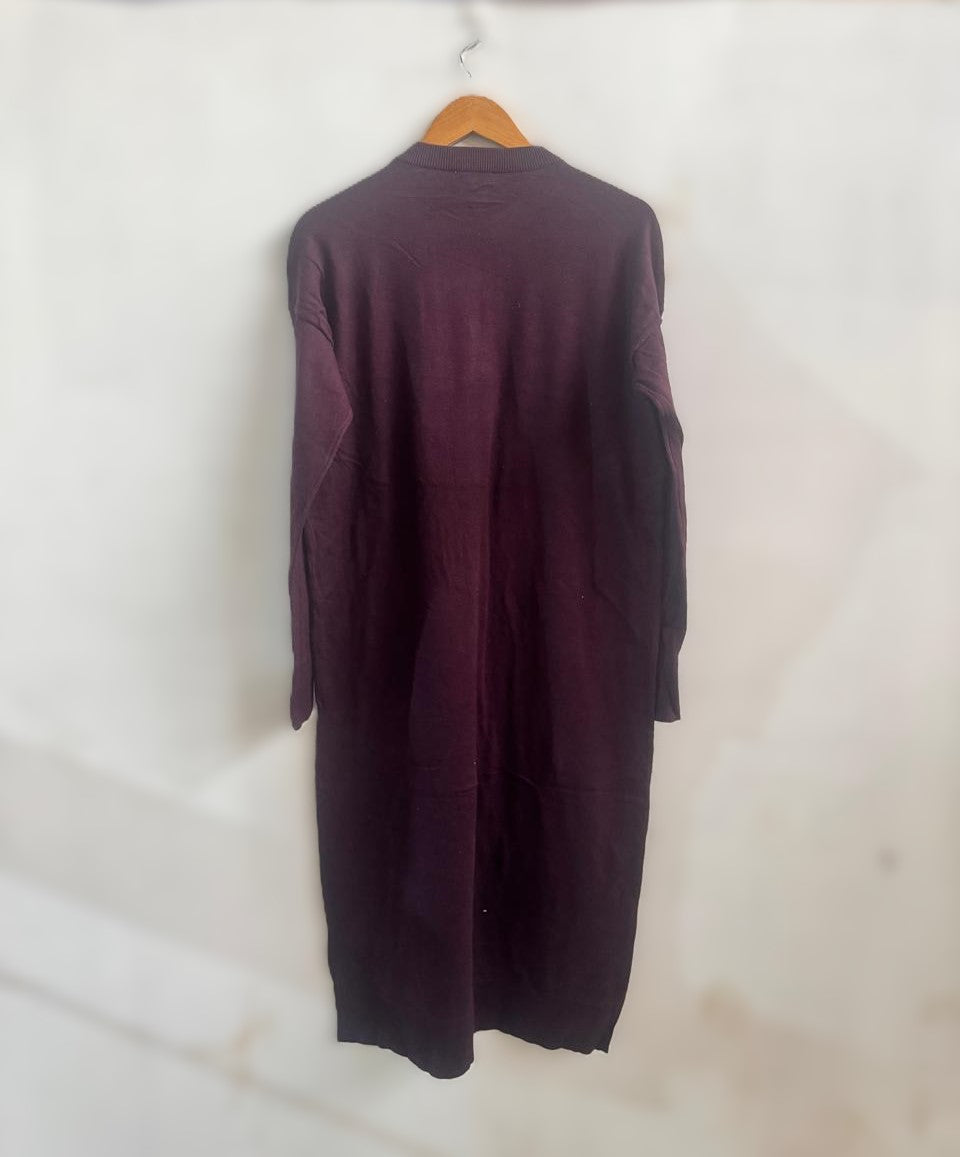 WAREHOUSE|M/L|BUST 22|MAROON LONG-SLEEVED KNIT MIDI DRESS