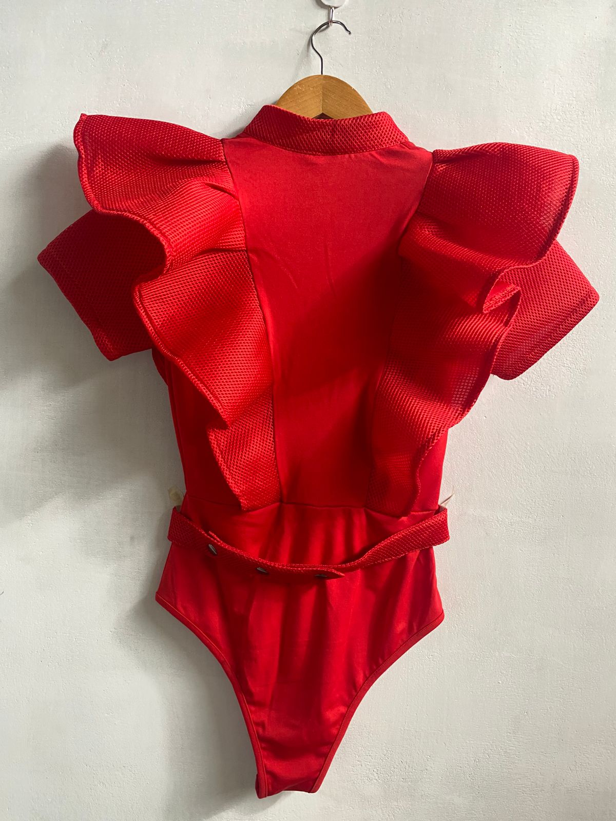 Red Ruffled Bodysuit With A High Neckline|M|BUST 15