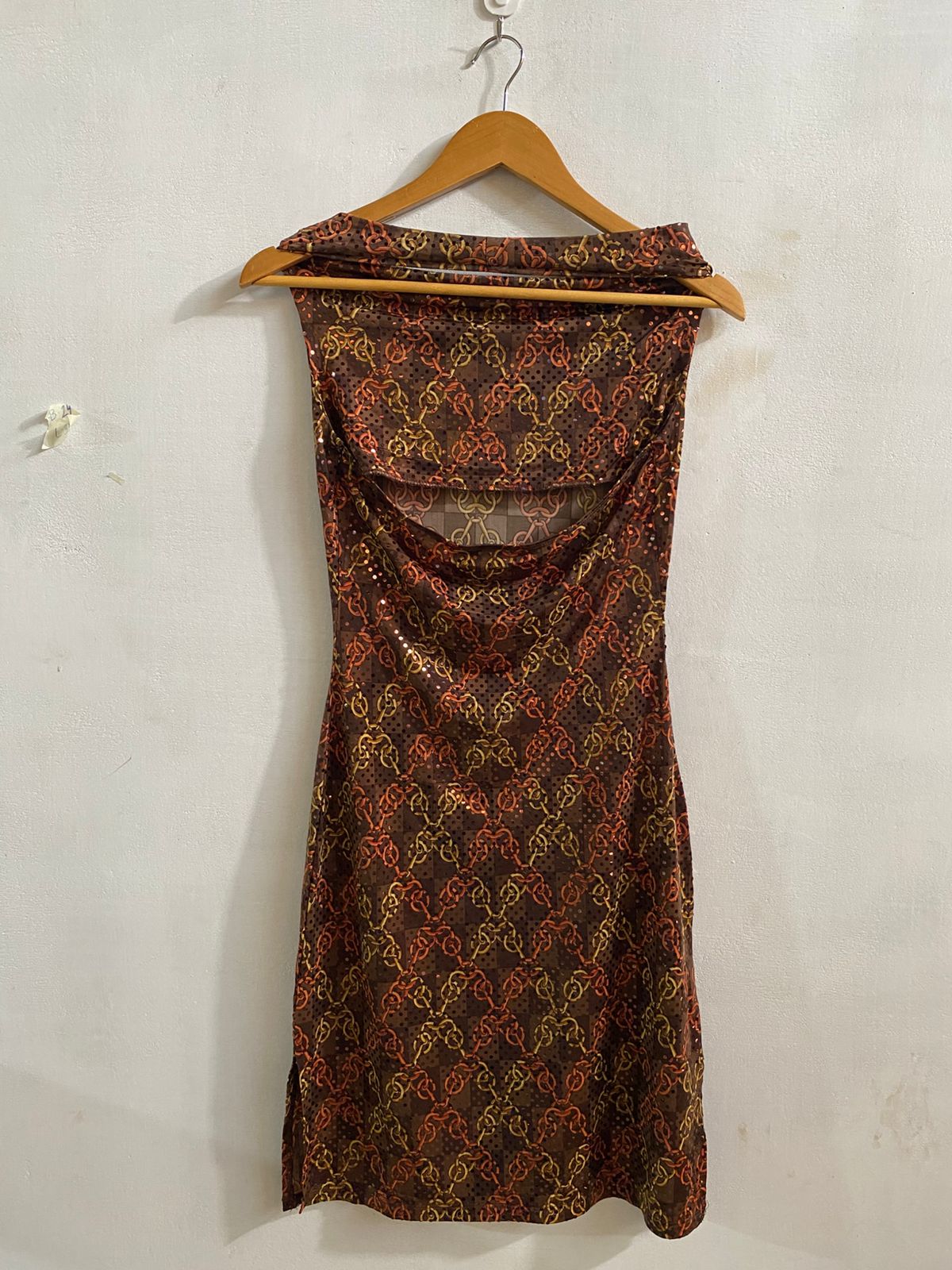 LUNA CHIX|S|BUST 14| BROWN PATTERNED COWL NECK SLEEVELESS DRESS