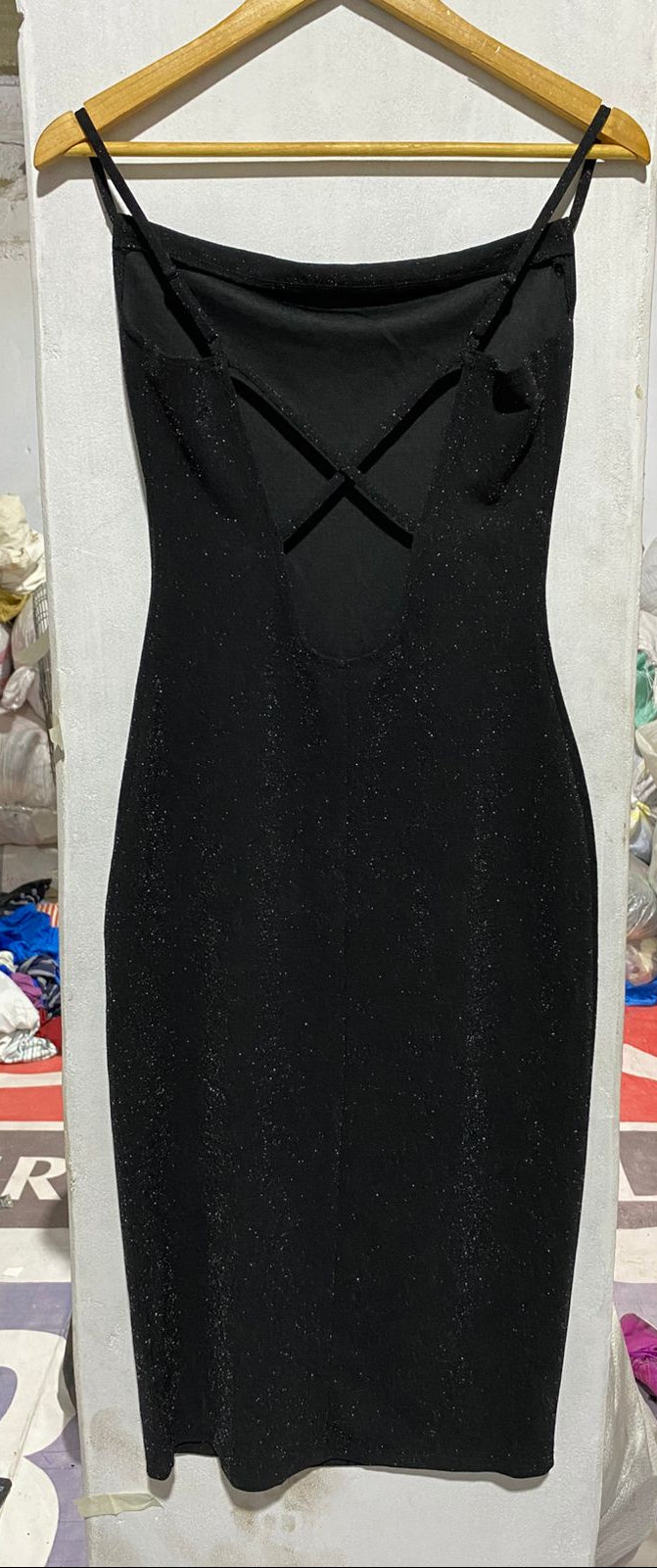 GLASSONS| S|BUST 15|BLACK GLITTER COWL NECK MIDI SLIP DRESS