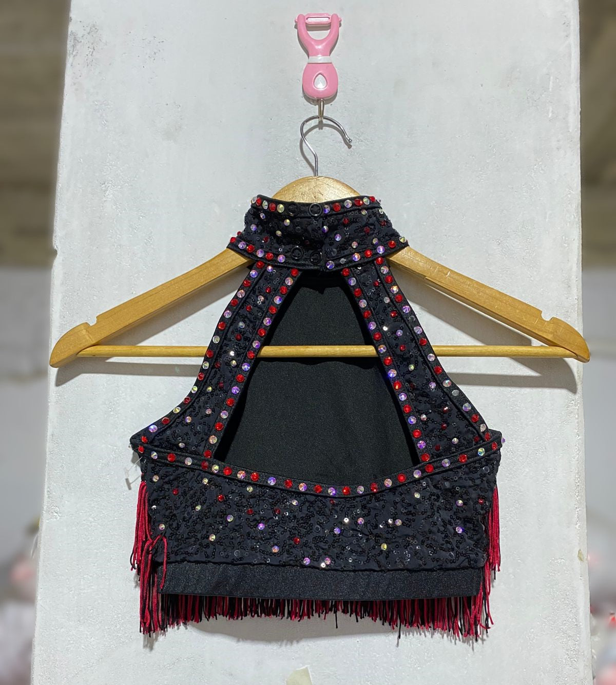 WEISSMAN RED AND BLACK FRINGE CROP TOP DANCE COSTUME|XS/S|BUST 13