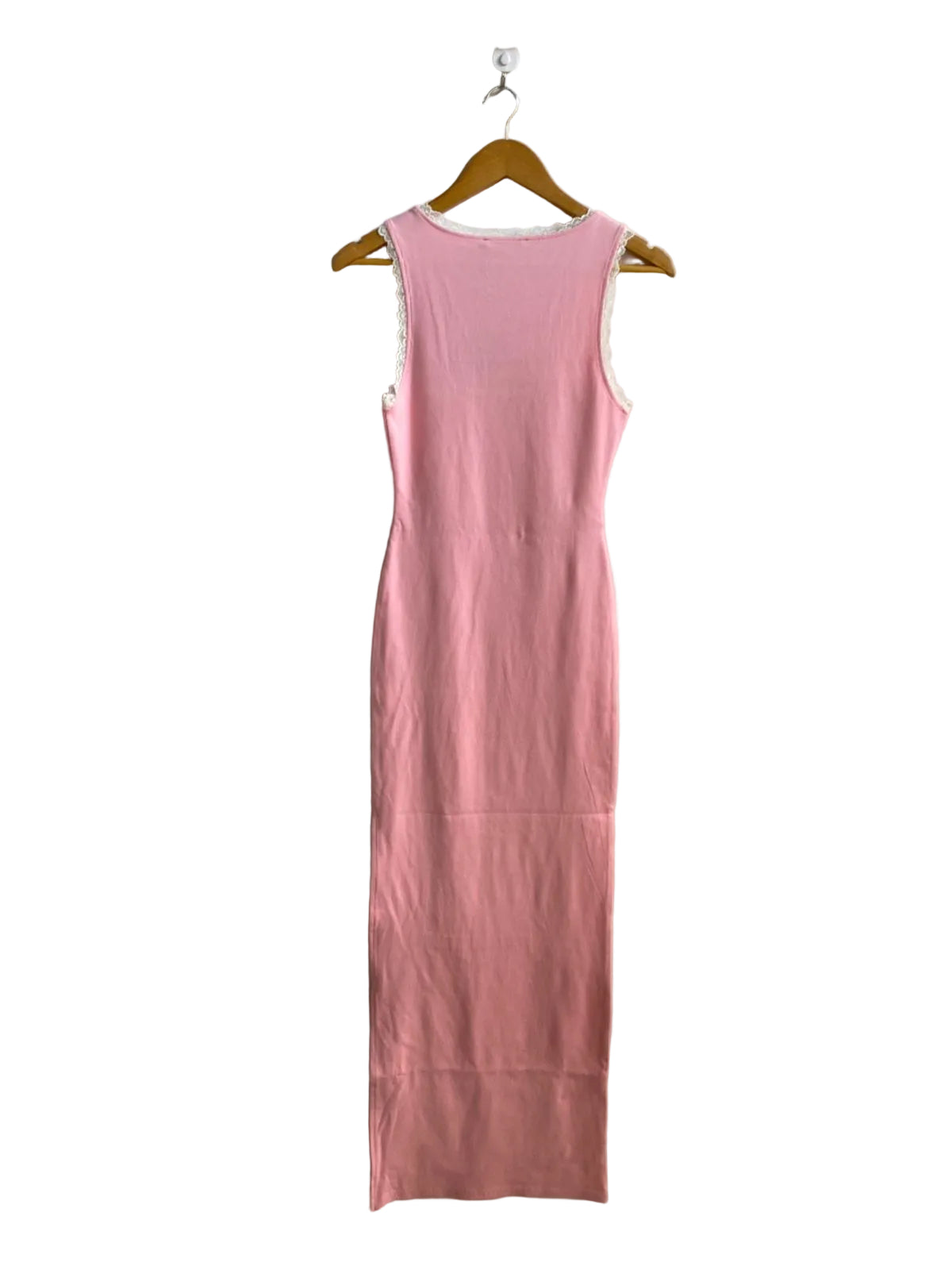 WHITE FOX|M|BUST 13|PINK RIBBED TANK MIDI DRESS WITH WHITE LACE TRIM