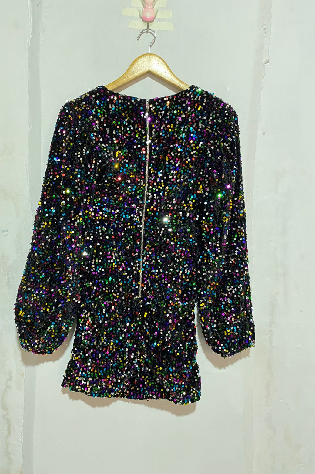 MULTICOLOR SEQUIN BALLOON SLEEVE PLUNGE MINI DRESS| S |BUST 15