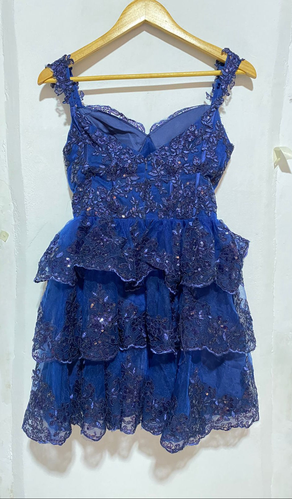 ROYAL BLUE SEQUIN LACE TIERED MINI DRESS| S |BUST 15