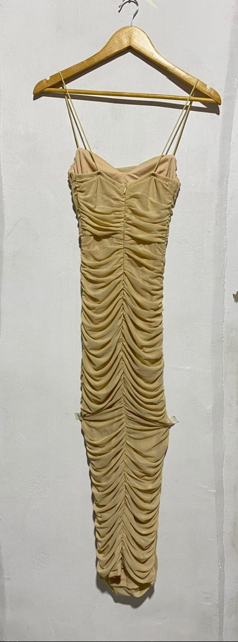 PRINCESS POLLY |XS|BUST 13|BEIGE OR CHAMPAGNE RUCHED MIDI BODYCON DRESS