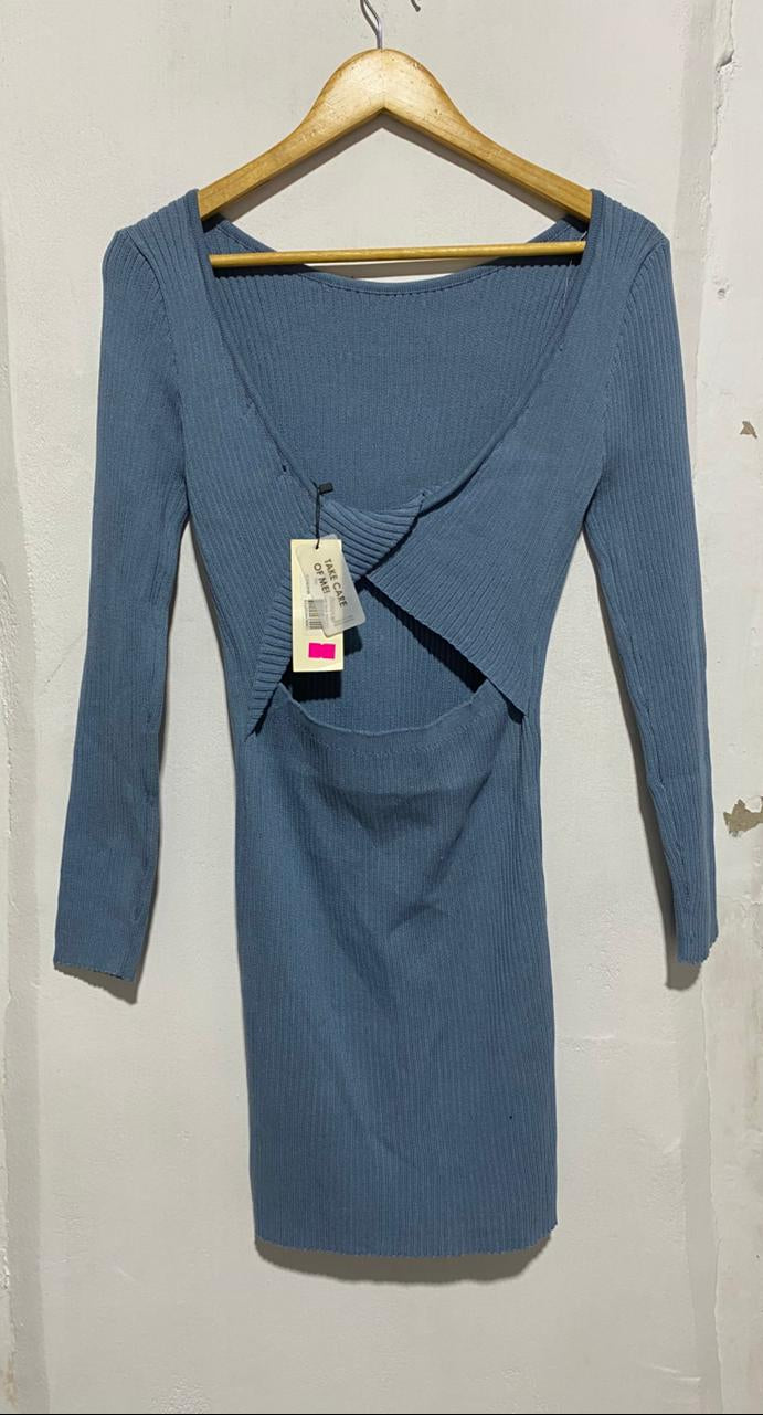 ALLY FASHION|M|BUST 15|BLUE RIBBED LONG SLEEVE MINI DRESS