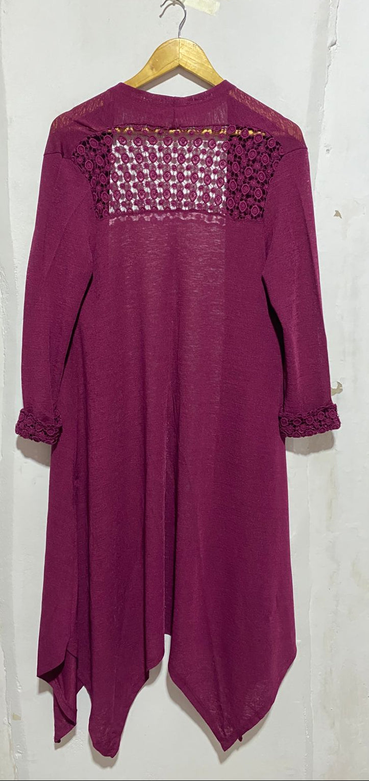 ROSA VIOLA|S/M|BUST 18|MAROON ASYMMETRIC DUSTER CARDIGAN WITH CROCHET LACE BACK PANEL AND CUFFS
