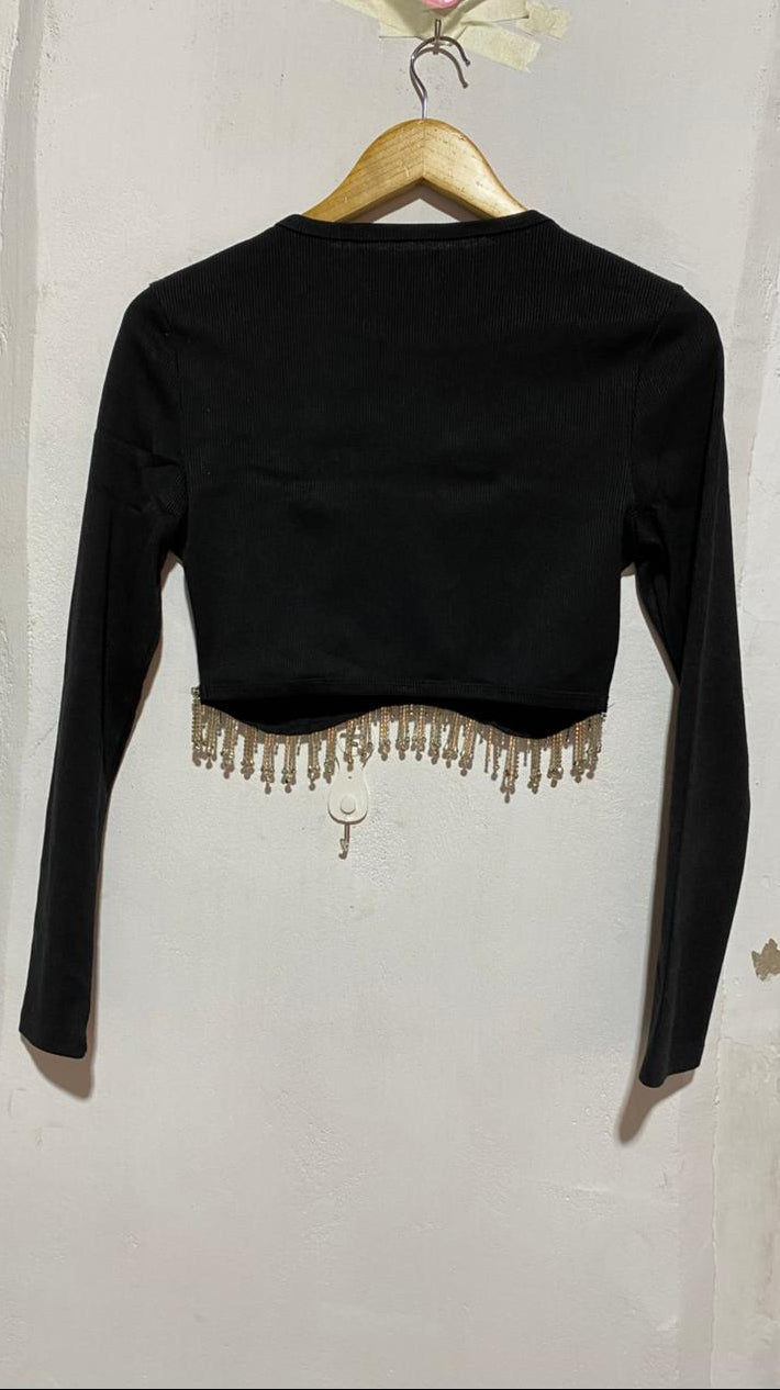 BLACK LONG SLEEVE CROP TOP WITH RHINESTONE FRINGE|M|BUST 15