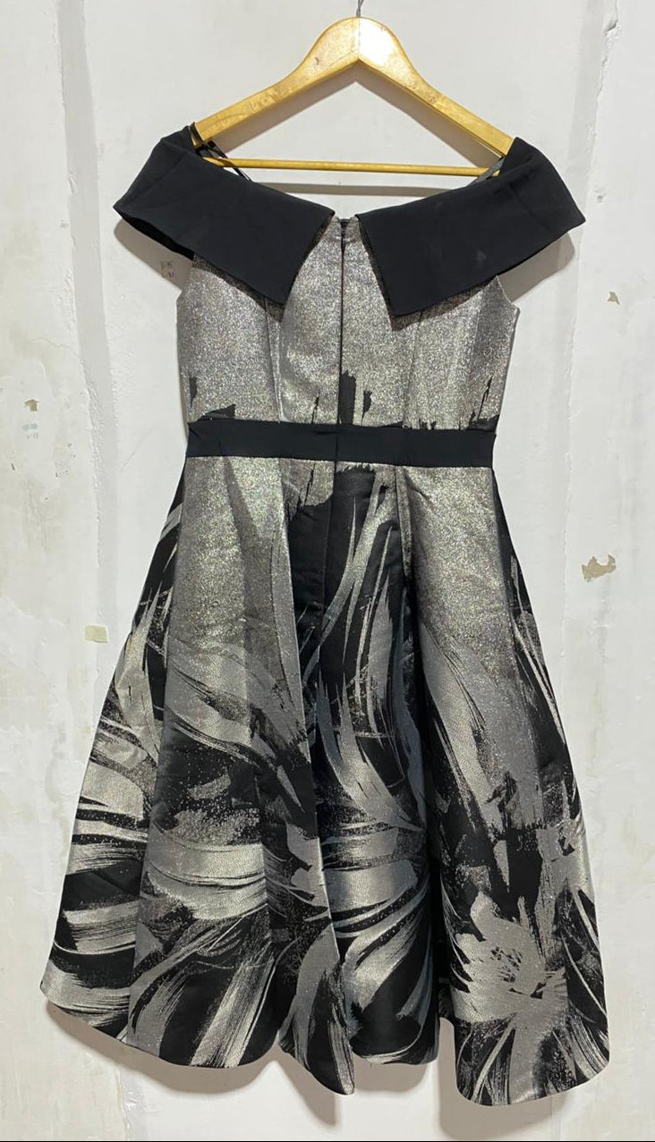 COAST |M|BUST 16|BLACK AND SILVER BARDOT JACQUARD MIDI DRESS