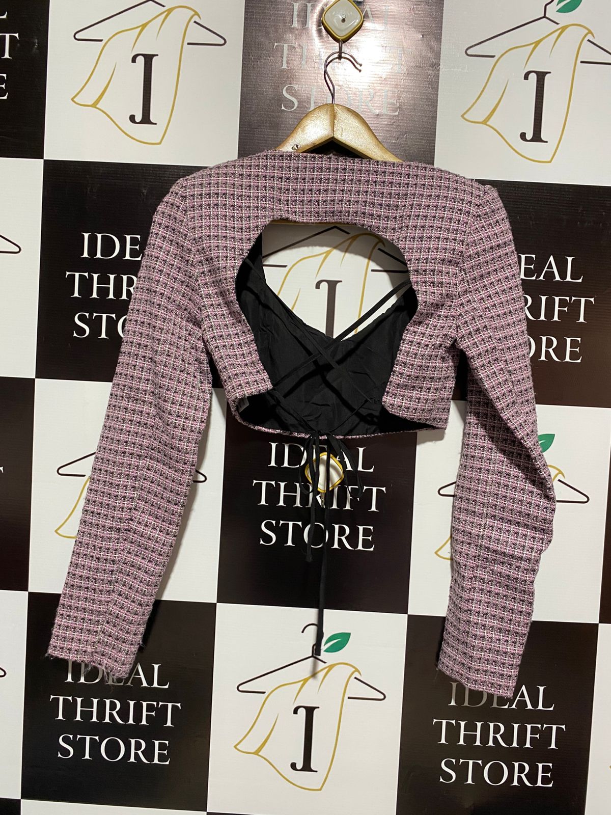 BERSHKA|S|BUST 17|Pink Tweed Cropped Top With Rhinestone Fringe