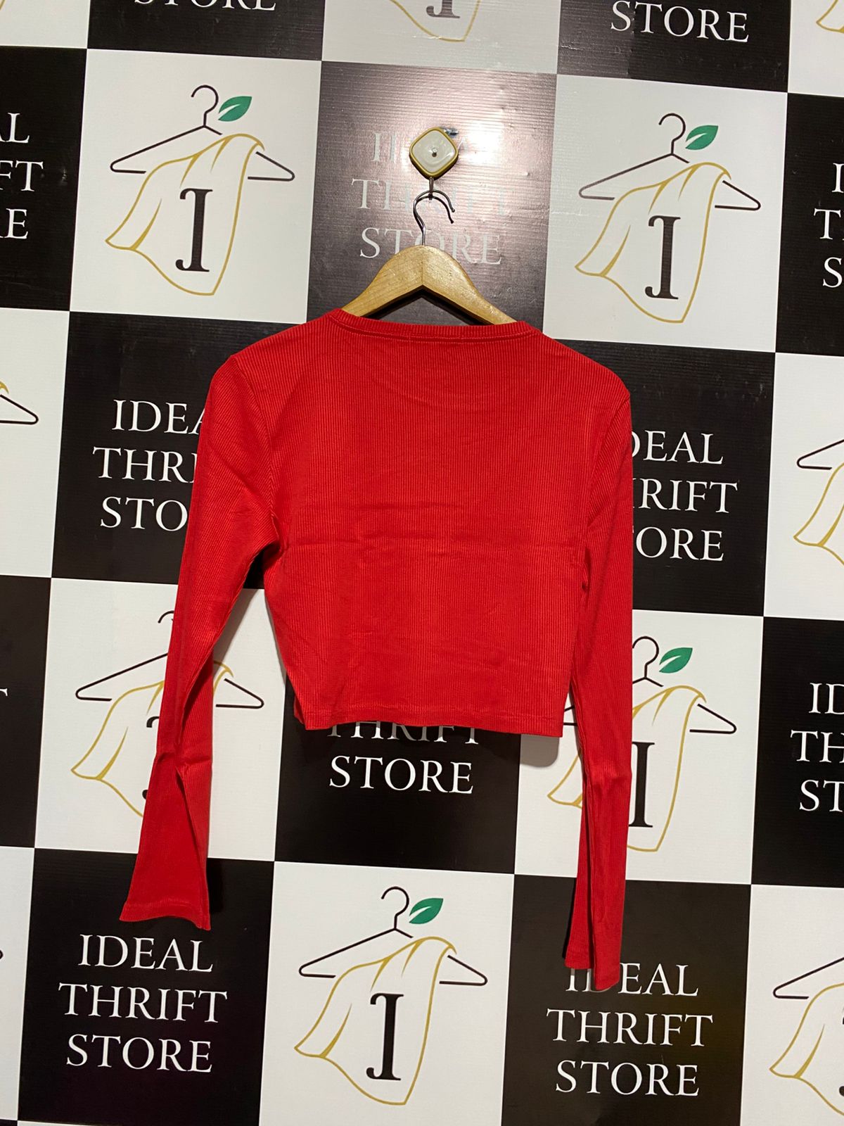 POOL |L| BUST 17| Red Long-Sleeve Ribbed Crop Top With a Unique Diagonal Wrap-Front Design