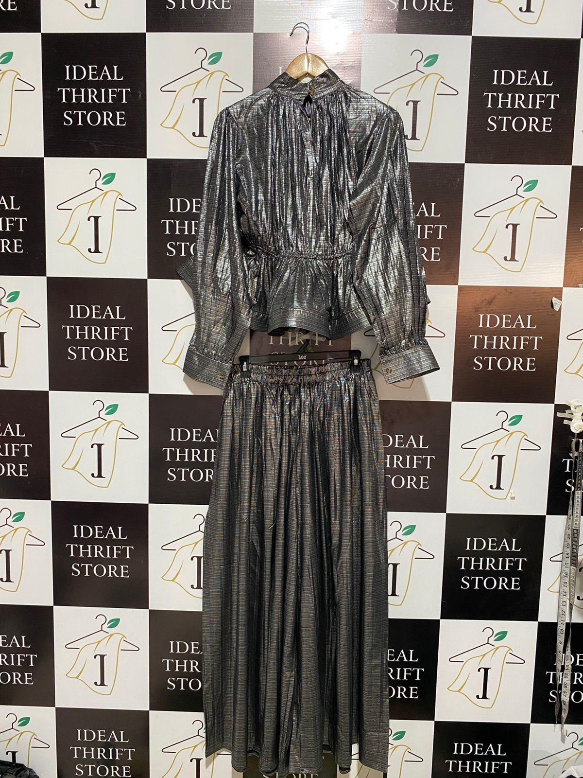 BEULAH STYLE |L| Cordia Gathered Metallic Georgette Peplum Blouse Asymmetrical Pleated Skirt