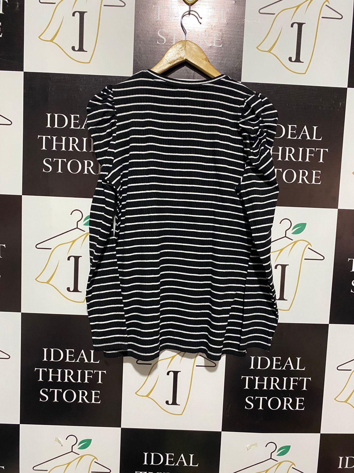 PAPAYA |M| BUST 19| Striped Knit with Poplin Puff Sleeve Top