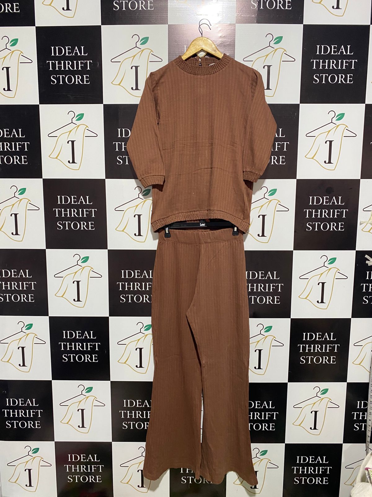 KHAADI |S| Brown Ribbed Knit Wide Leg Pants Set