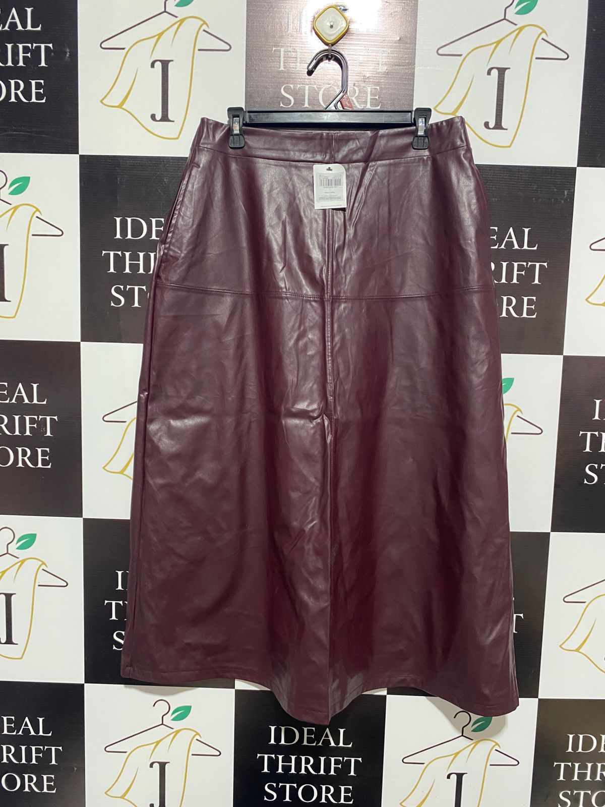 TU WOMAN |L| WAIST 32| burgundy faux-leather A-line midi skirt