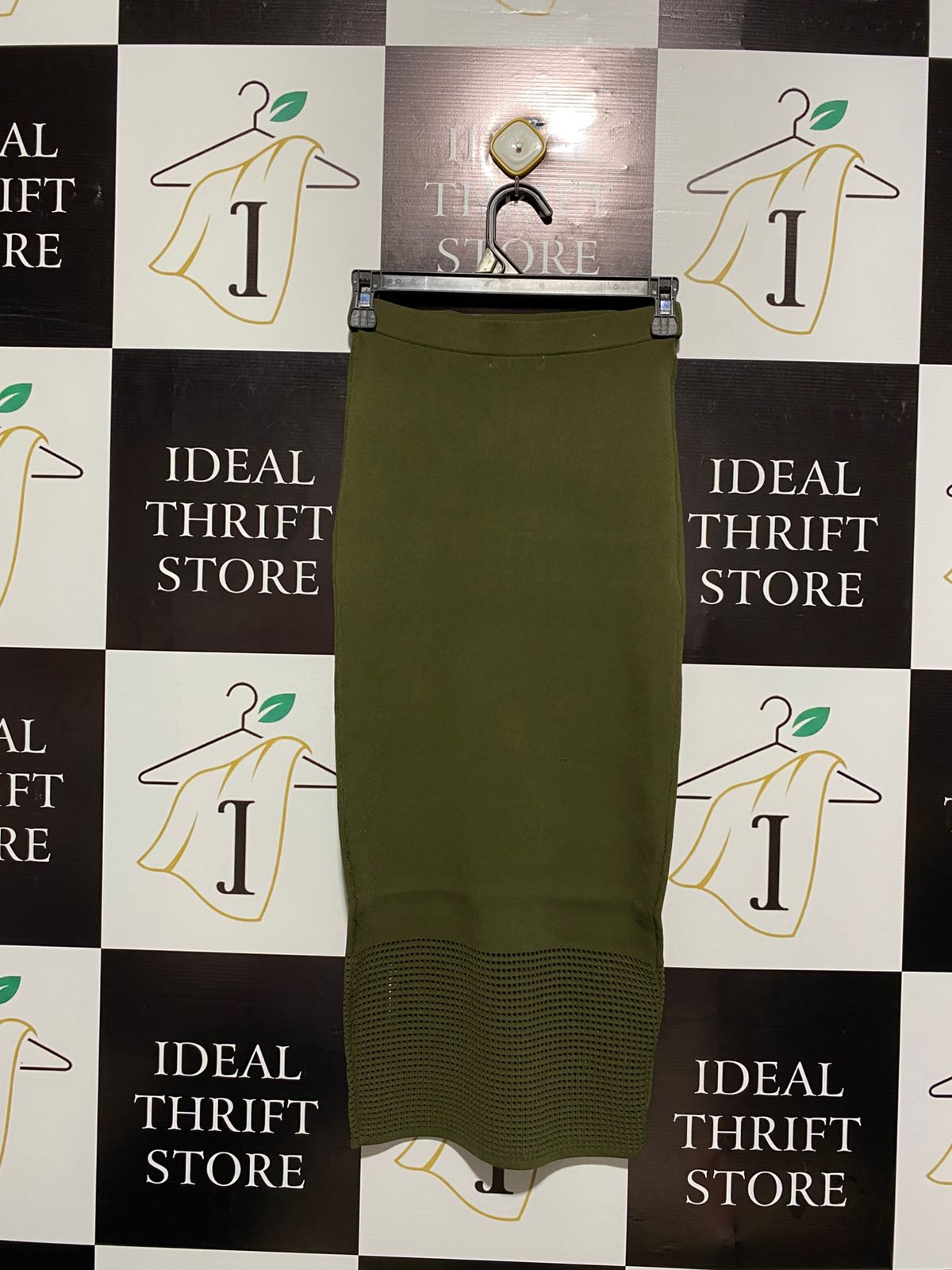 SHEIKE |XS| WAIST 24| C6| olive green knit midi pencil skirt