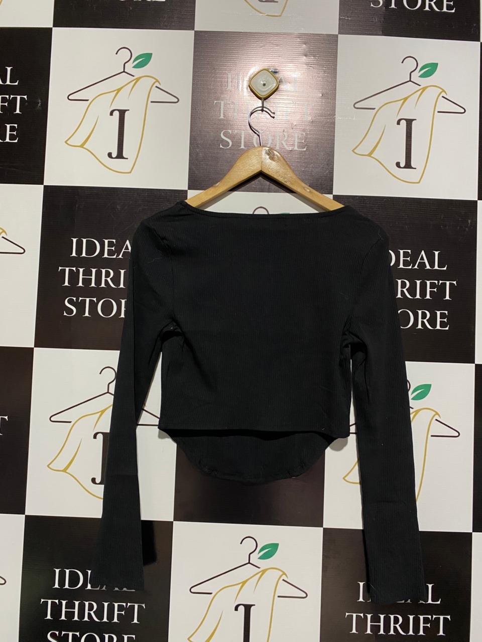 SUPRE |M| BUST 15| Black Long-Sleeve Corset-Style Crop Top