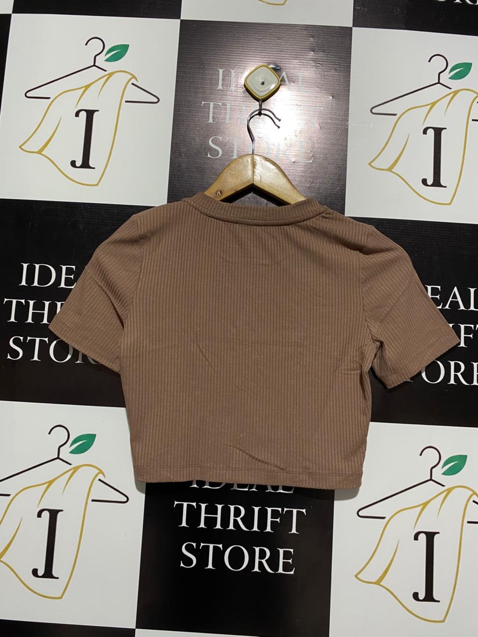 WHITE FOX |S| BUST 15| Brown Ribbed Short-Sleeve Crop Top