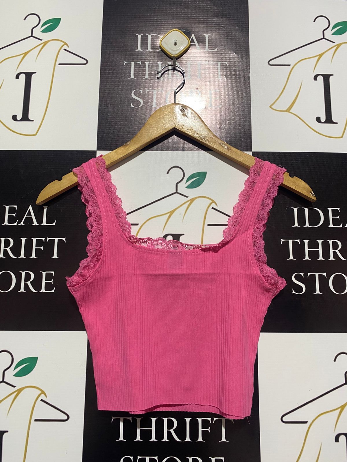 SHEIN |XS| BUST 13|B10| Hot Pink Lace-Trimmed Crop Top