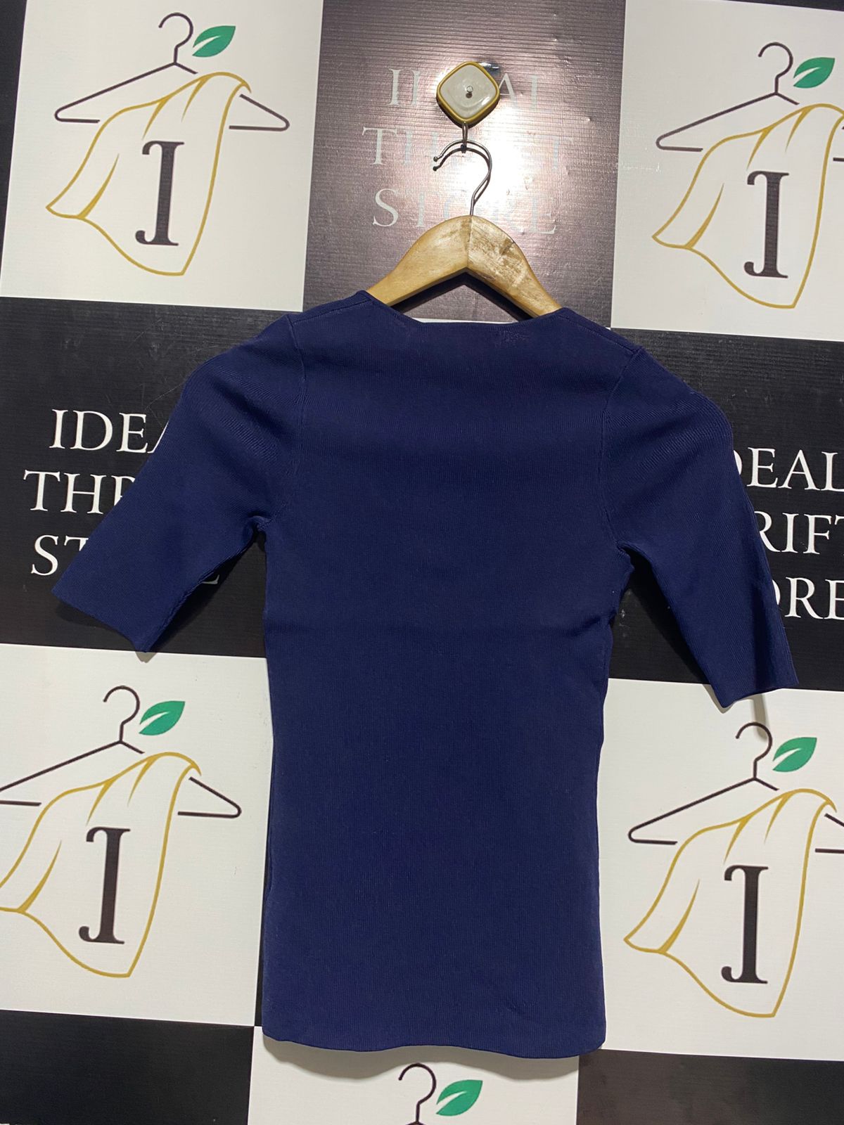NOBODY DENIM |S| BUST 12| NAVY BLUE RIBBED SQUARE NECK ELBOW-SLEEVE TOP