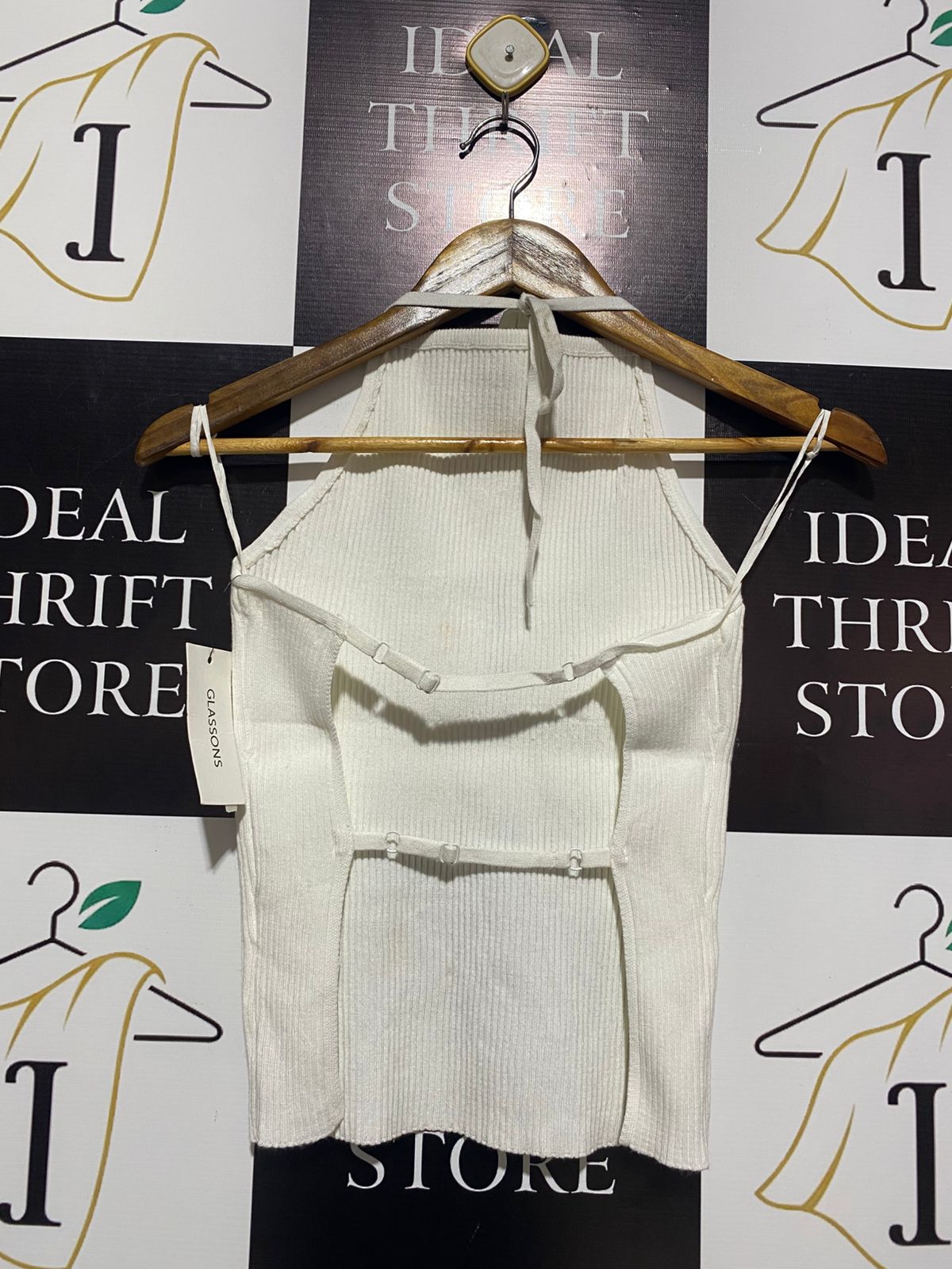 GLASSONS |L| BUST 12| OFF-WHITE RIBBED HALTER TOP