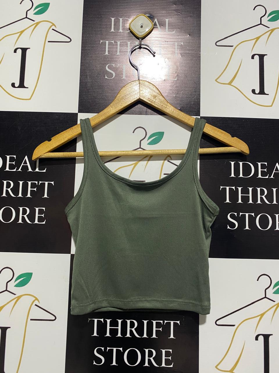 KHAKI RIBBED SCOOP NECK CROP TANK |S| BUST 13|