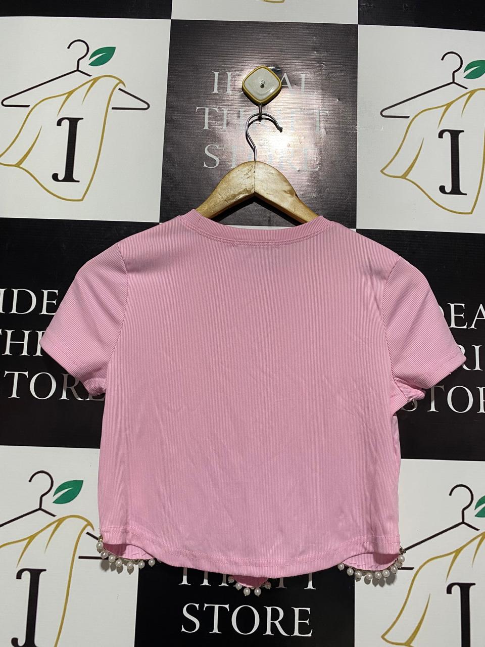 VALLEY GIRL |M| BUST 16| BABY PINK SCALLOPED PEARL-TRIM CROP TOP