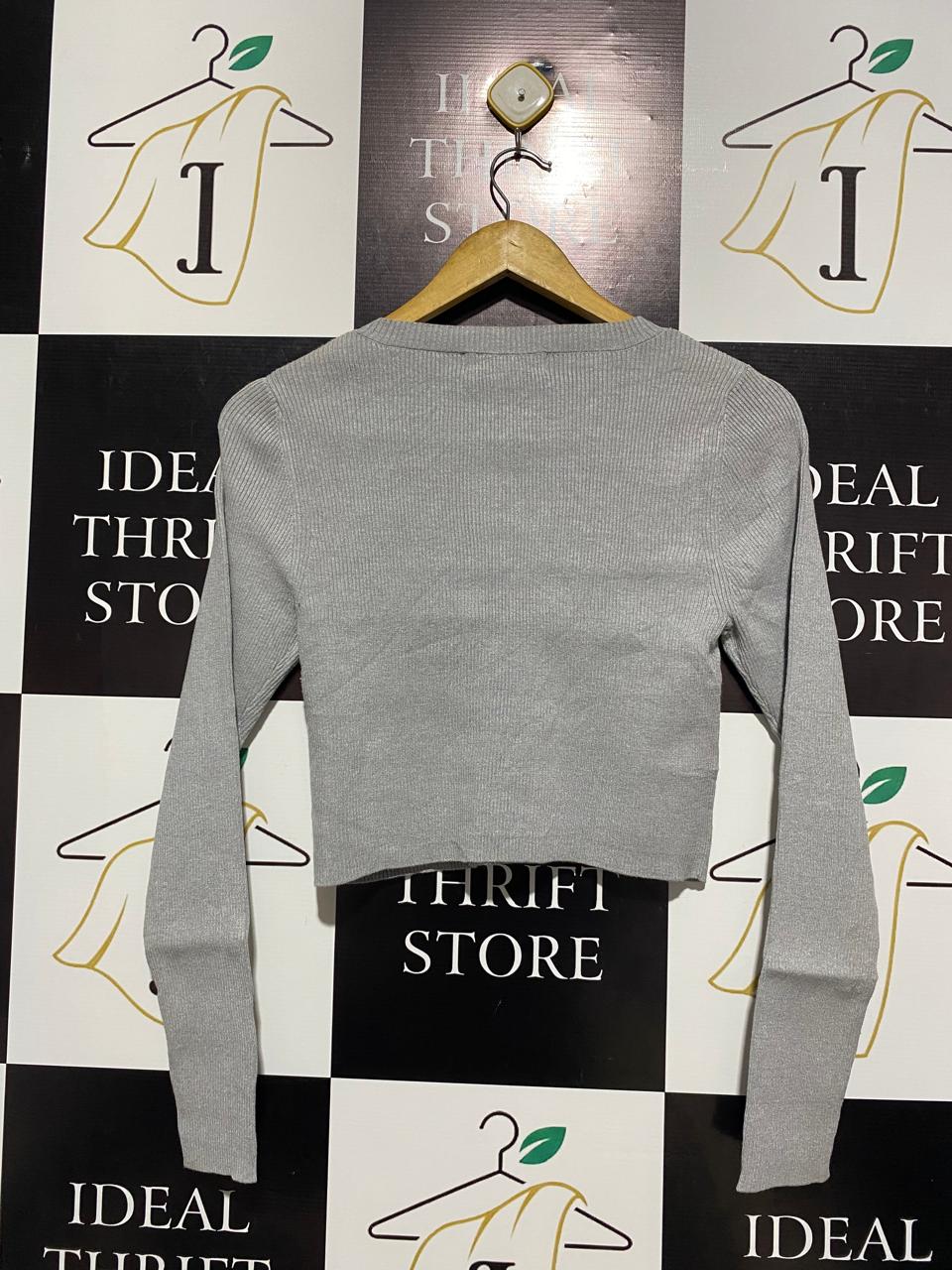 FOREVER NEW |M| BUST 14| HEATHER GREY RIBBED LONG-SLEEVE CROP TOP