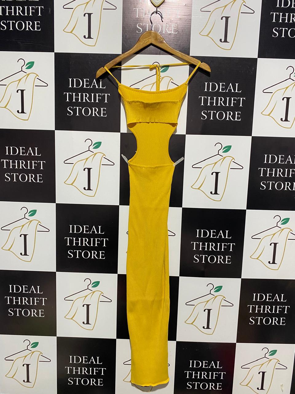 MESHKI |XS| BUST 9| VIBRANT YELLOW RIBBED HALTER CUT-OUT MAXI DRESS