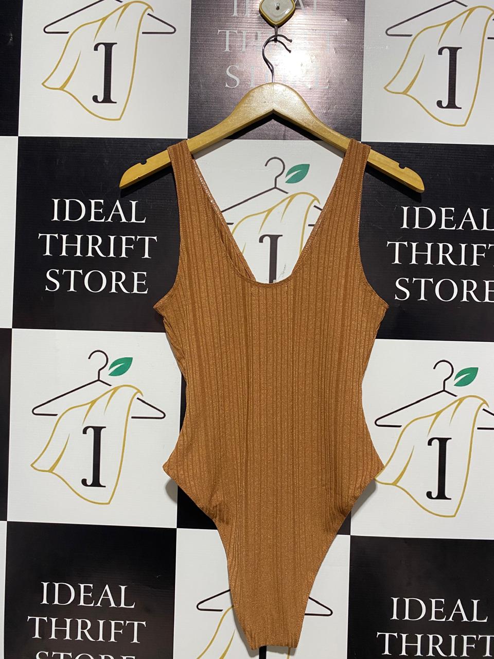 NEON WHITE |L| BUST 14| RUST BROWN V-NECK RIBBED HENLEY BODYSUIT