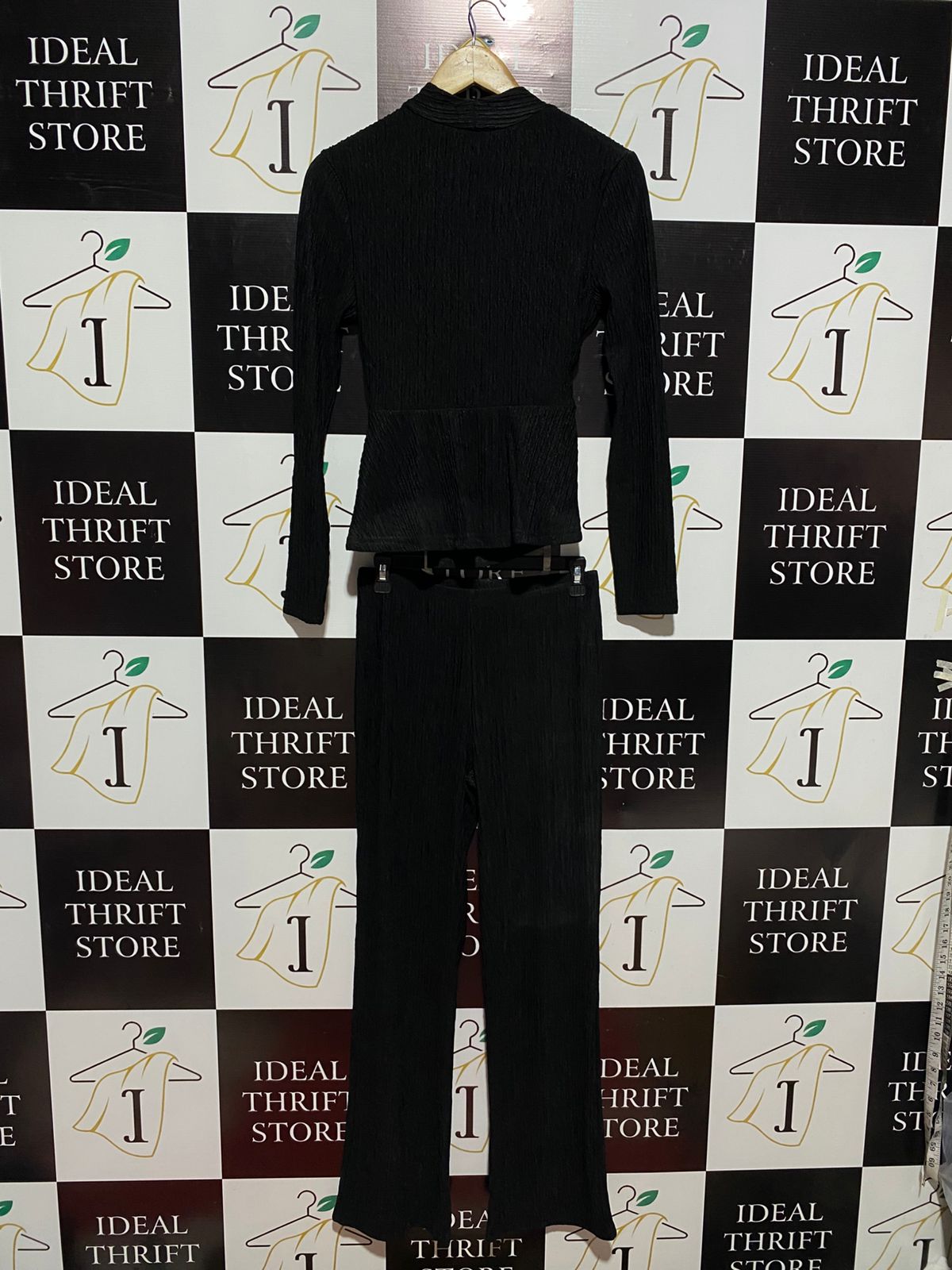 SHEIN |M| BLACK TEXTURED TWO-PIECE SET WRAPPED LONG-SLEEVE TOP AND MATCHING WIDE-LEG TROUSERS