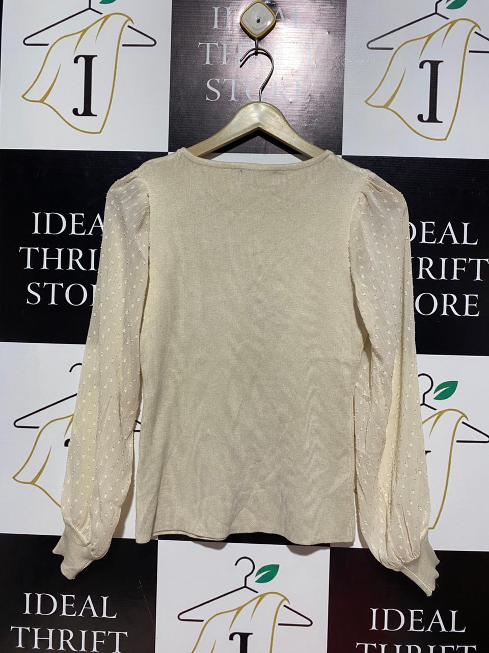 MISS VALLEY |M| BUST 14| CREAM RIBBED TOP WITH SHEER PUFF SLEEVES