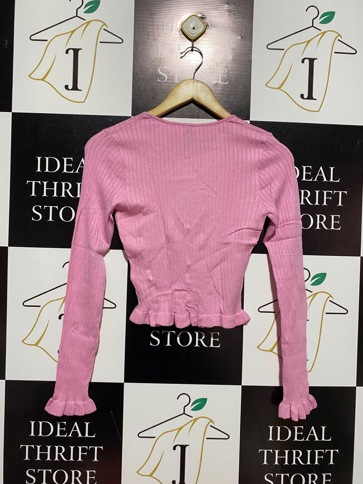 H&M DIVIDED |XS| BUST 13| PINK RUFFLED HEM CARDIGAN