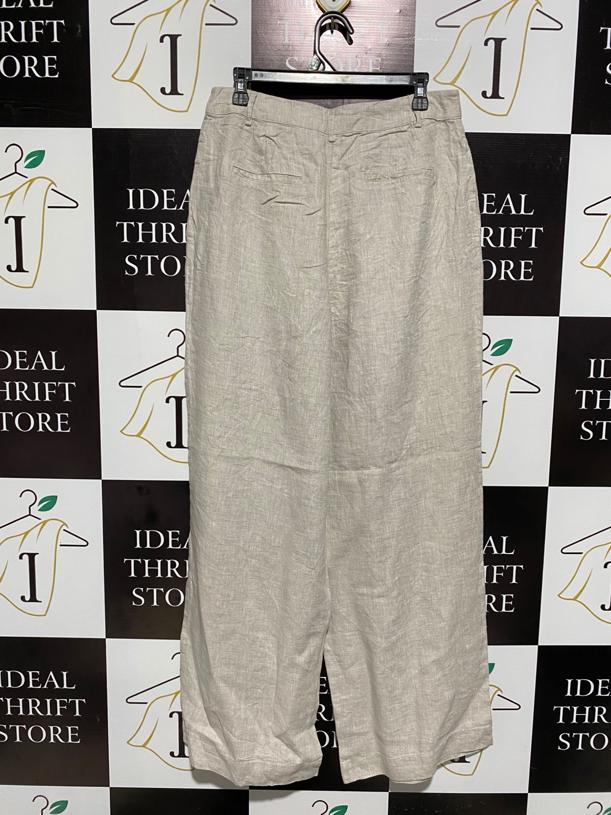 GLASSONS |L| WAIST 32| WOMEN'S HIGH-WAISTED WIDE-LEG LINEN-BLEND TROUSERS - OATMEAL / LIGHT GREIGE