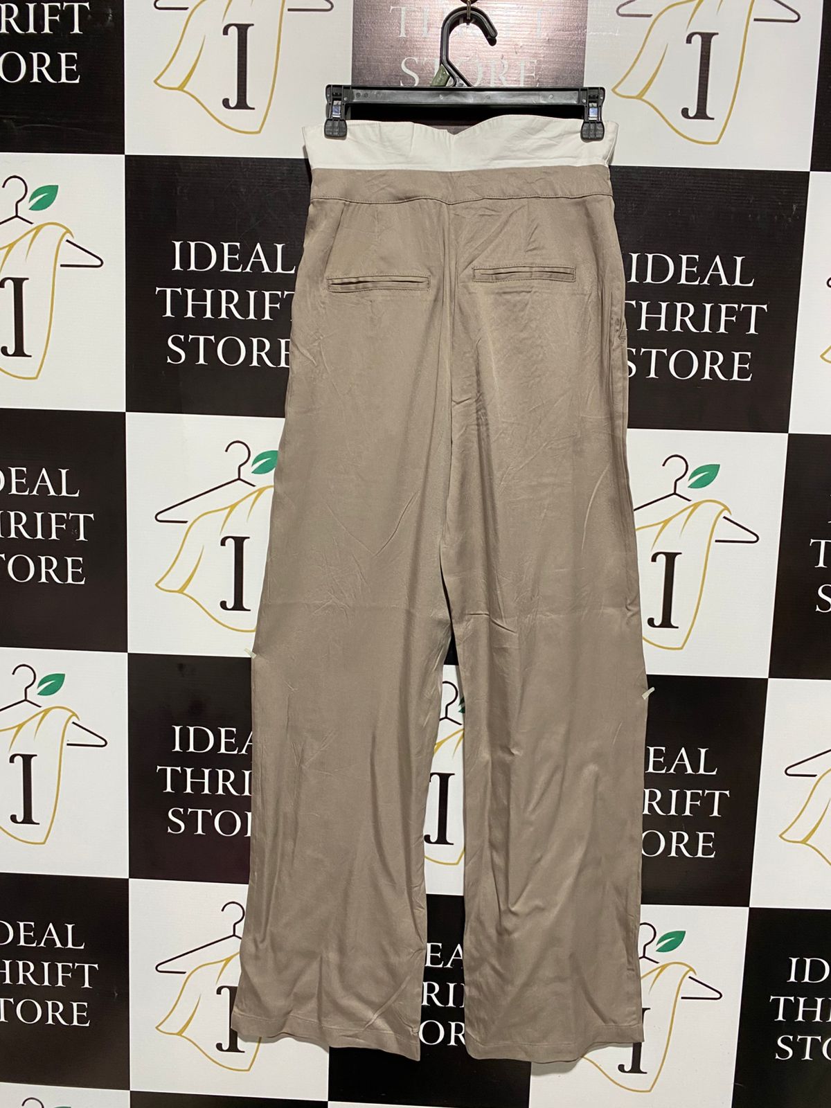 GLASSONS |M| WAIST 26| WOMEN'S HIGH-WAISTED WIDE-LEG PLEATED TROUSERS - KHAKI WITH WHITE CONTRAST WAIST