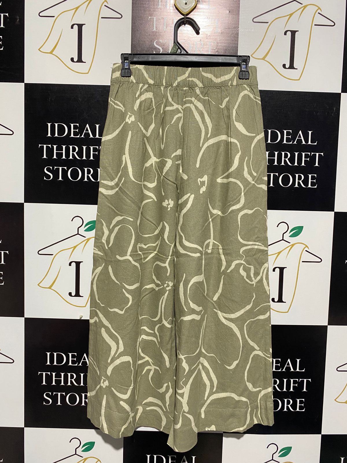 ANKO |M| WAIST 28| WOMEN'S HIGH-WAISTED WIDE-LEG FLORAL TROUSERS IN OLIVE