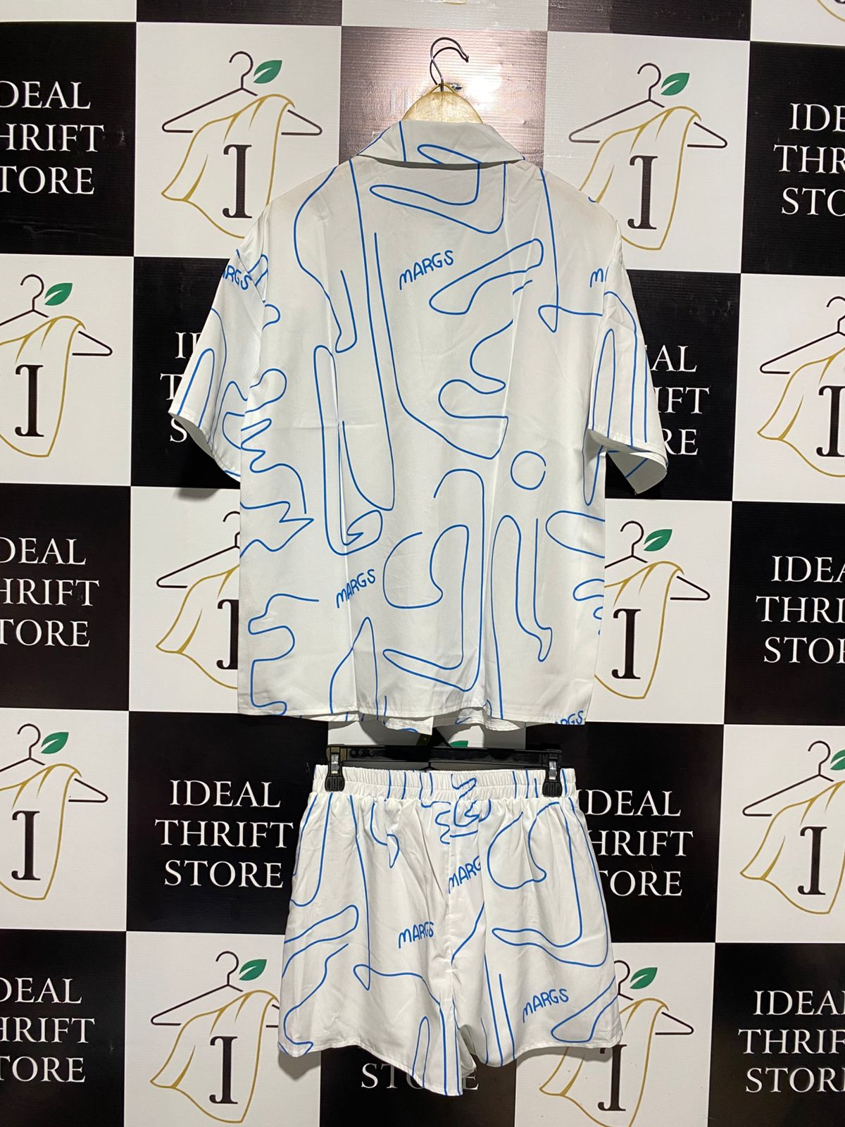 SHEIN |M| WOMEN'S GRAPHIC CO-ORD SHORT SET IN WHITE AND BLUE