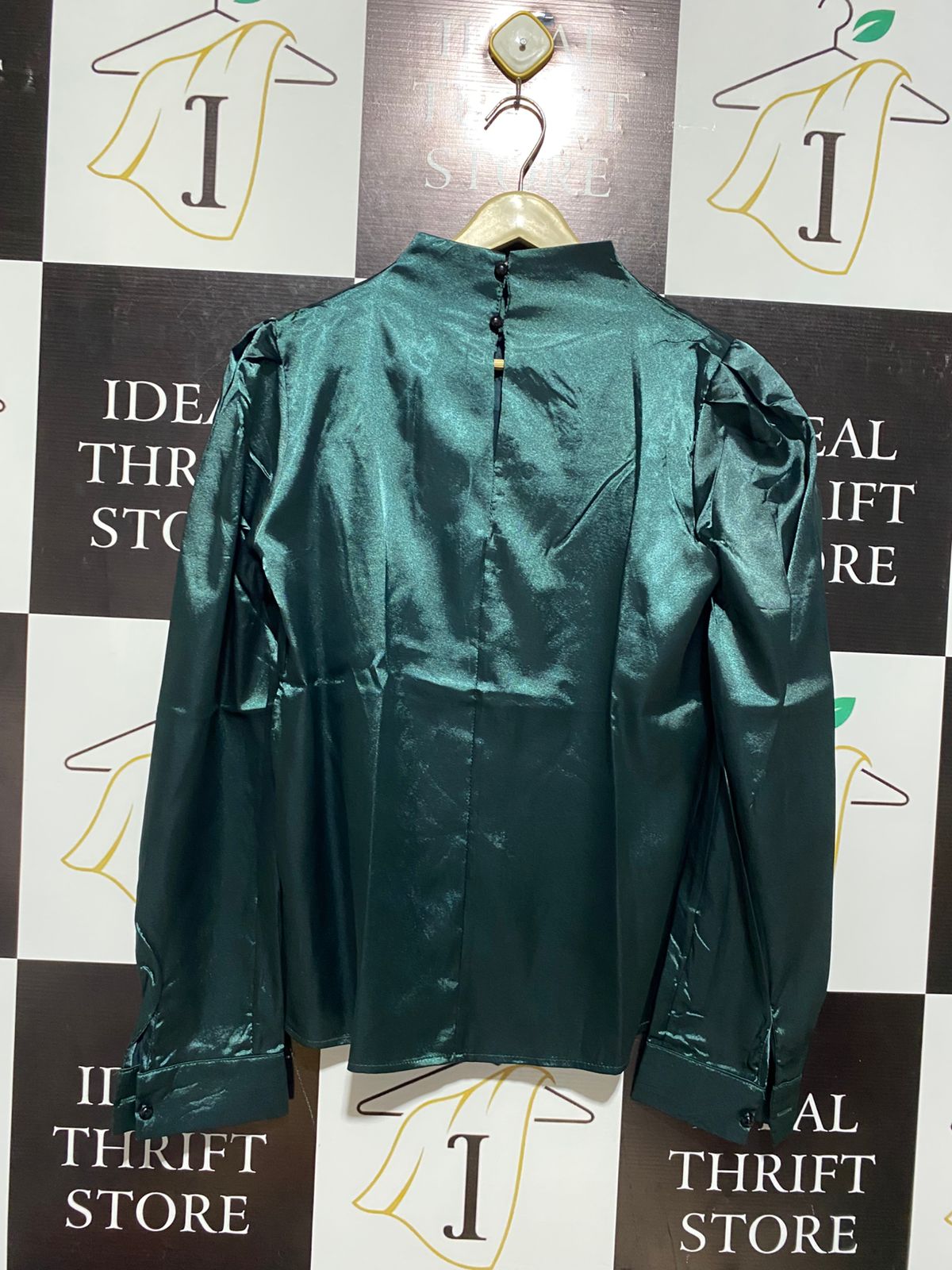 SHEIN |M| BUST 18| EMERALD GREEN SATIN LONG SLEEVE BLOUSE WITH PUFF SHOULDERS