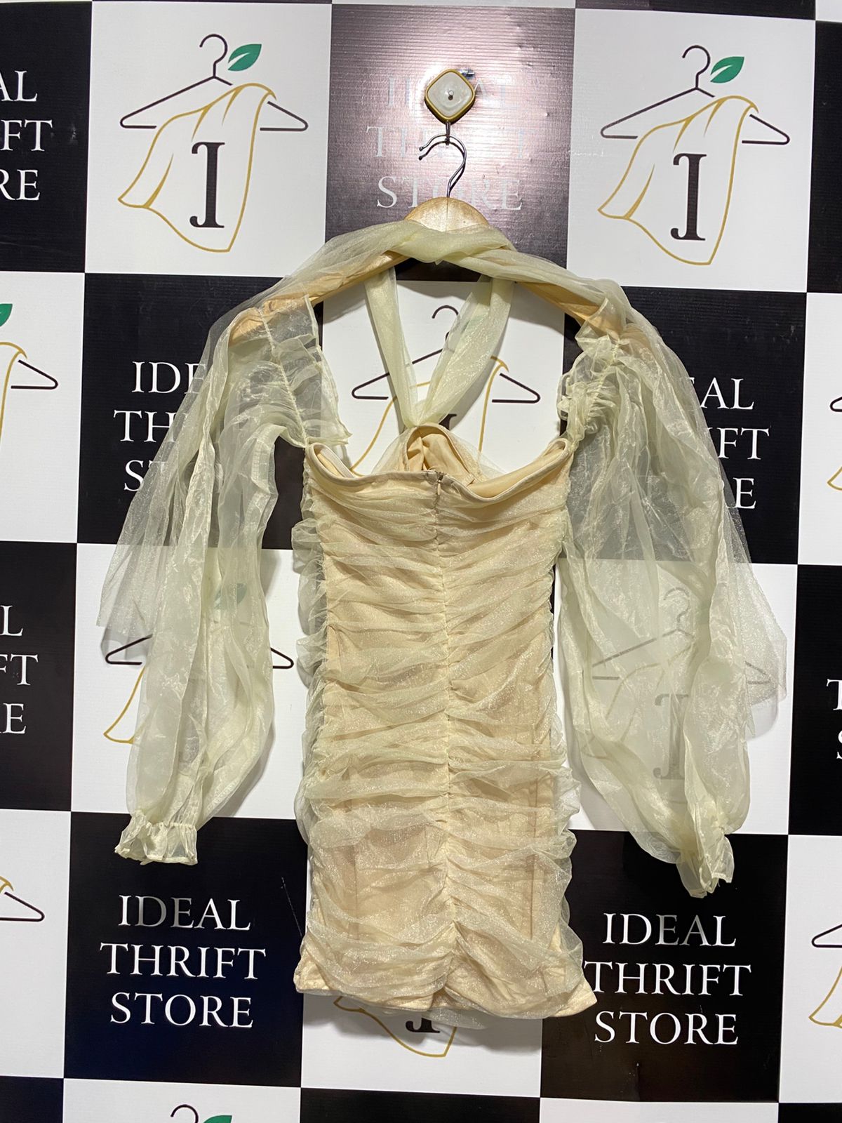 A M R FASHION |S| BUST 12| SHEER RUCHED MINI DRESS WITH BALLOON SLEEVES