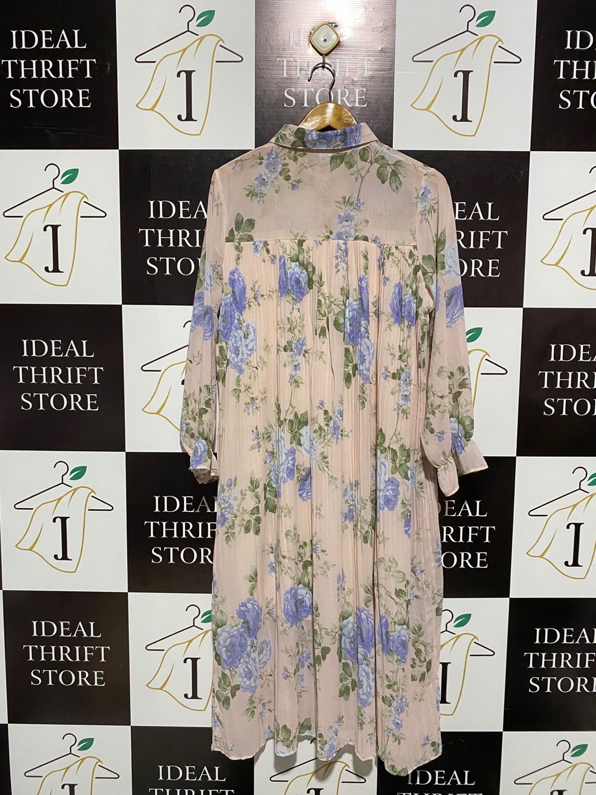 XDB |L| BUST 20| C5| ELEGANT SHEER FLORAL PRINT LONG SLEEVE PLEATED MIDI DRESS