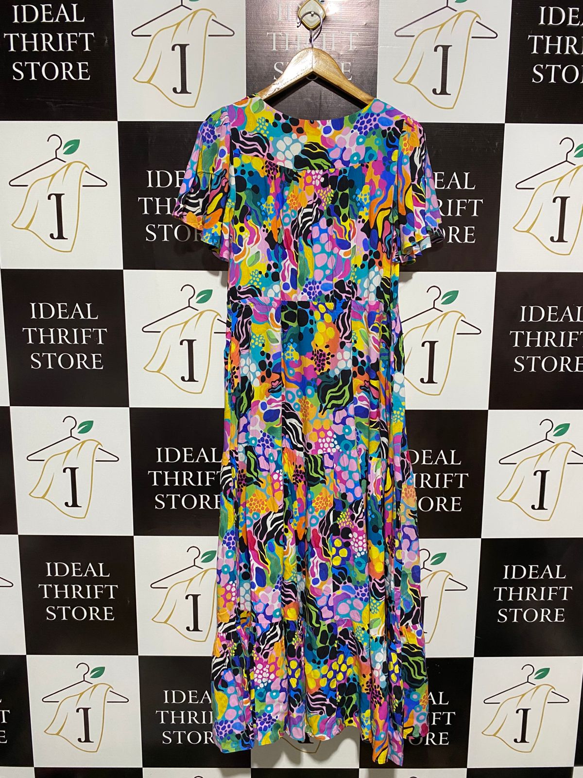 PROUD POPPY |M| BUST 19| C3| VIBRANT MULTICOLOR ABSTRACT GEOMETRIC TIERED MAXI DRESS