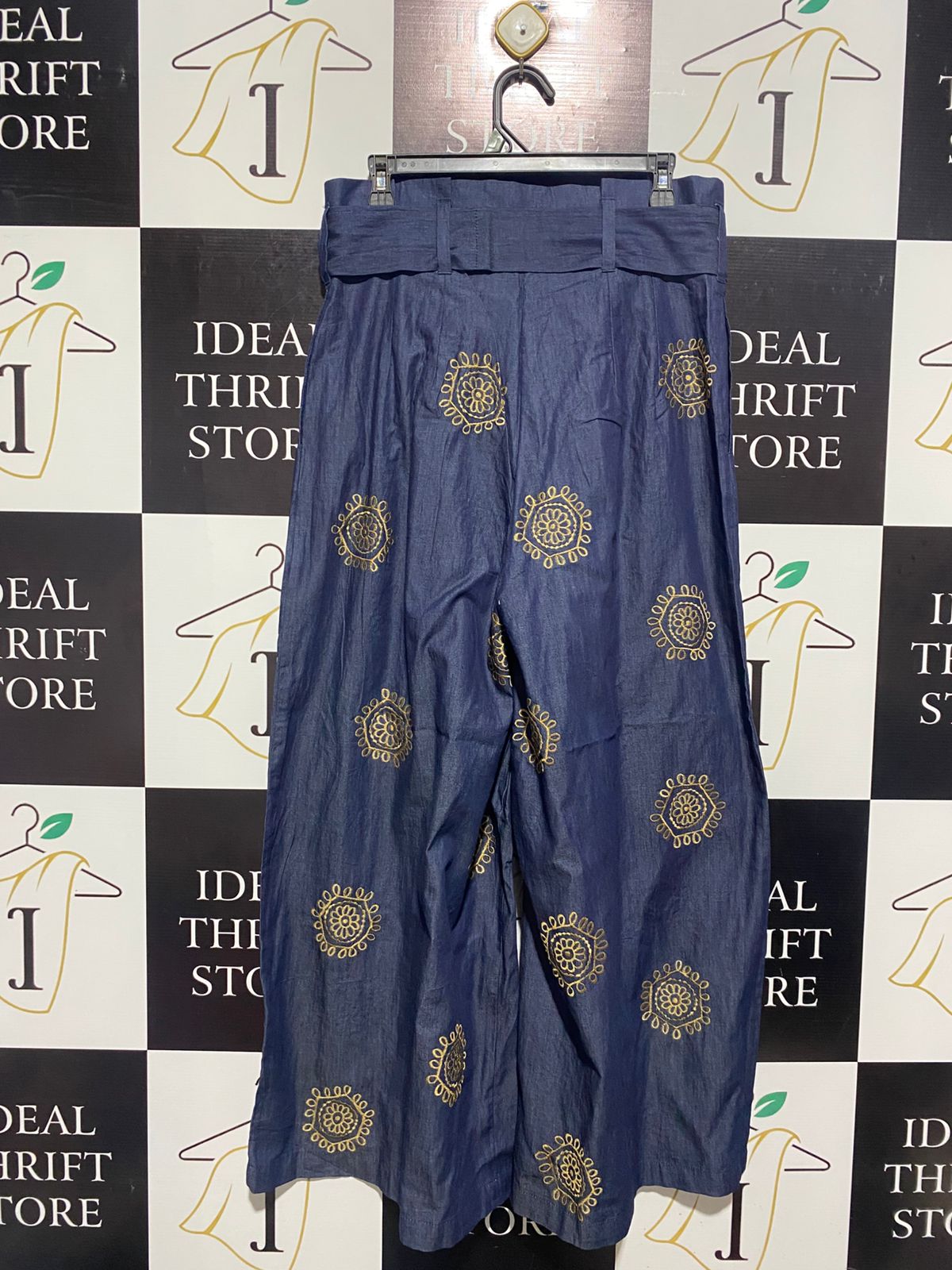 E SHAKTI |L| WAIST 32| BLUE EMBROIDERED WIDE-LEG TROUSERS