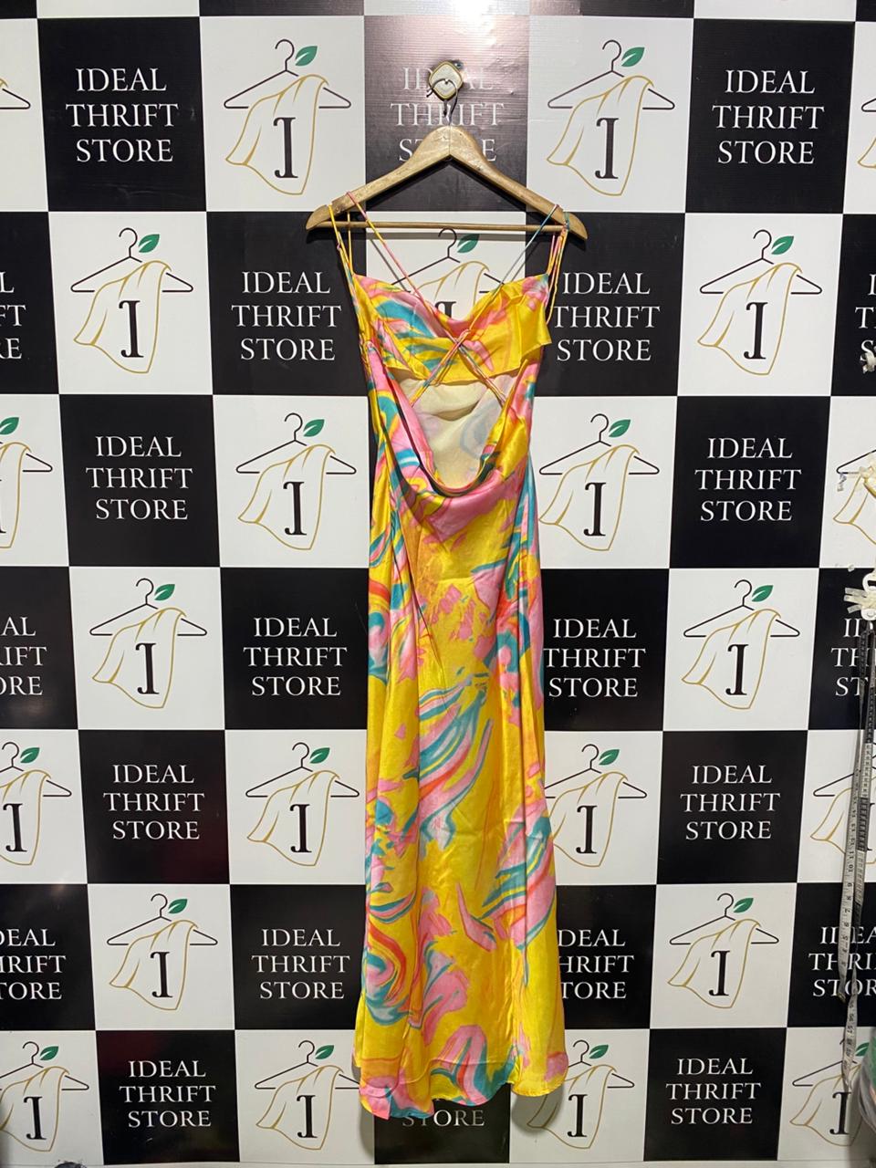 SAINTS & SECRETS |S| BUST 17| VIBRANT ABSTRACT PRINT SATIN COWL-NECK MAXI DRESS